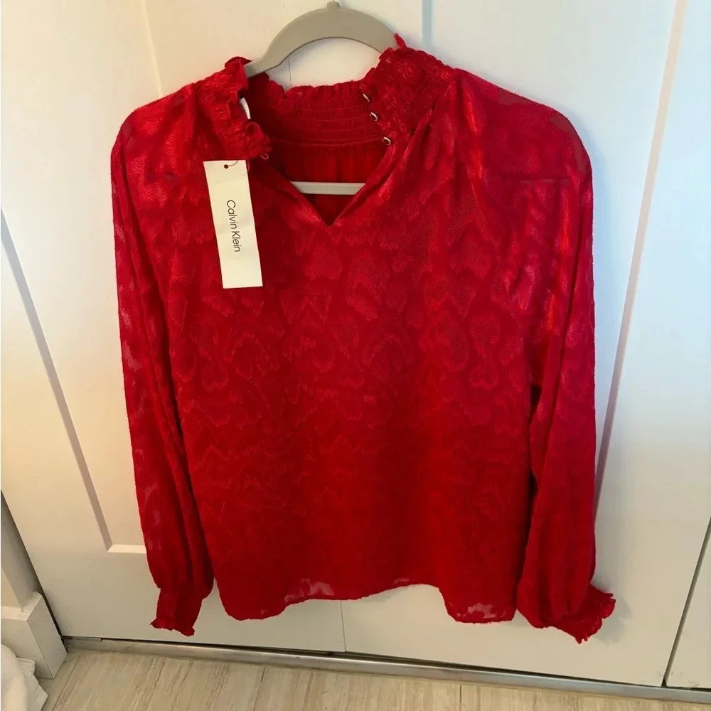 Calvin Klein Women’s High Neck Red Ruffle Blouse Size M NWT - Picture 4 of 5